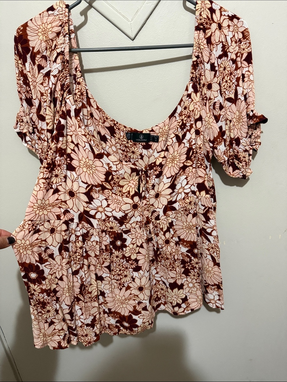 Volcom Pink and Brown Floral Scoop Neck Tunic